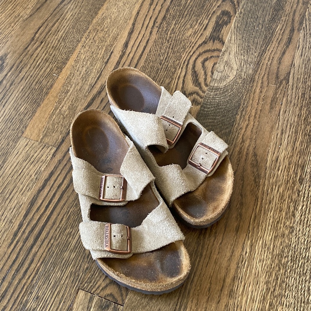 Birkenstock Suede Double Buckle Sandals in Light Taupe